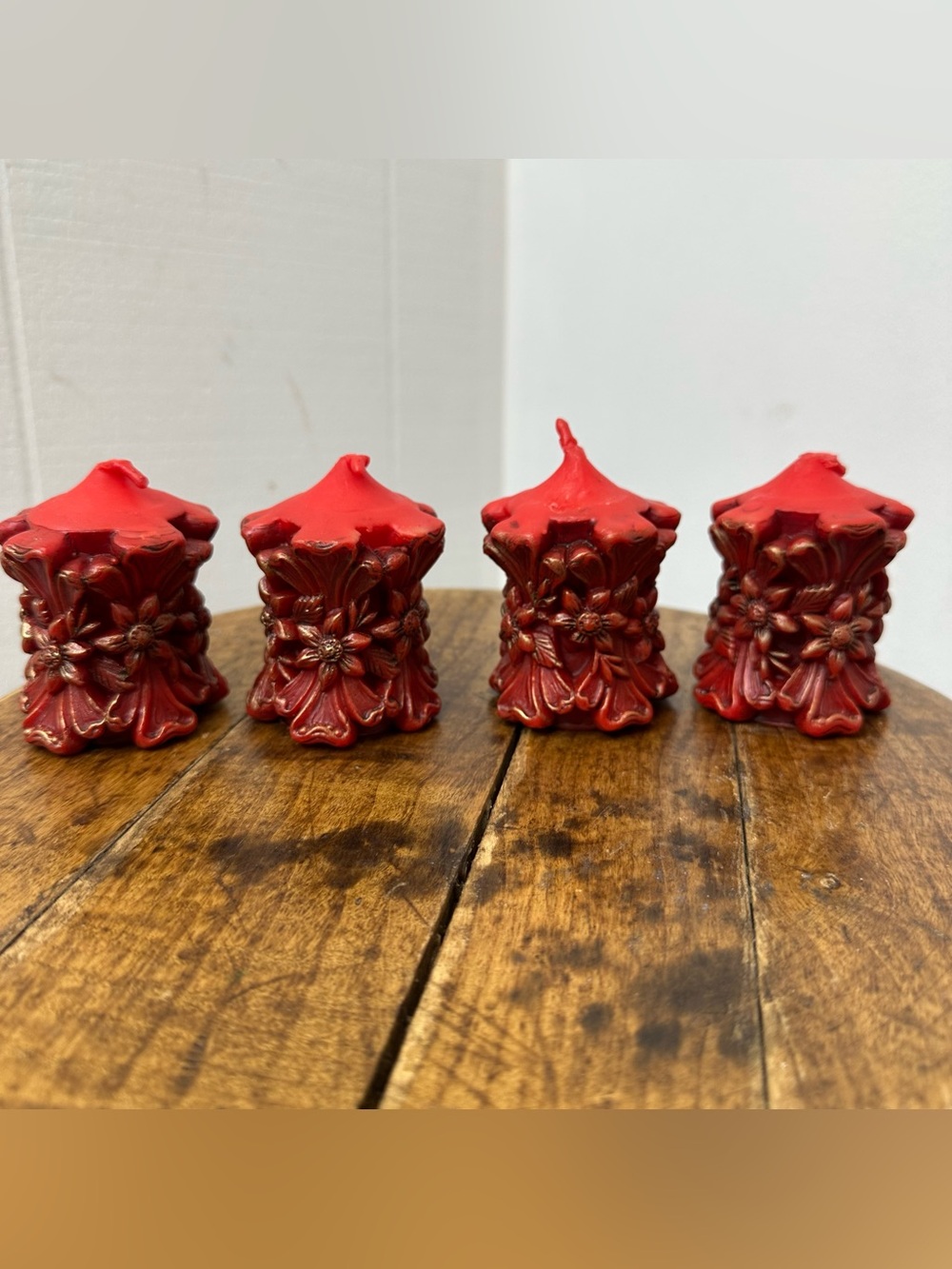 Vintage German Decorative Red Gold Floral Carved Pillar Candle Set Home Accents